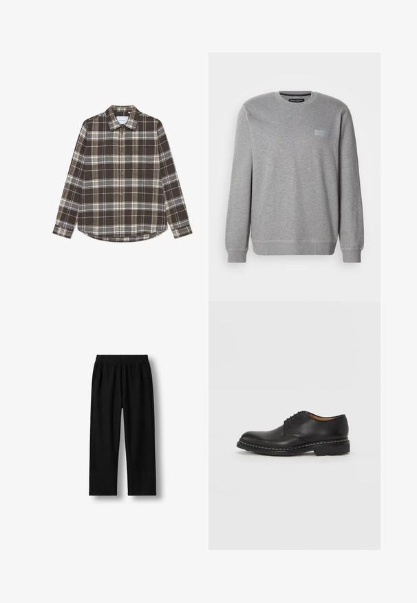 Grå sweatshirt med rund hals, lange ærmer og ribstrikkede manchetter. Klassisk design med en lille rektangulær logo-patch foran.; Brunternet button-up skjorte lavet af flannel, med hvide og grå linjer, en spidse krave og en afrundet kant.; Sorte bukser med lige ben, elastisk linning og sidelommer, vist fladt på en hvid baggrund.; Sort læderdekselsko med rund tå, snørret design, syede detaljer omkring sålen og en struktureret gummisål.