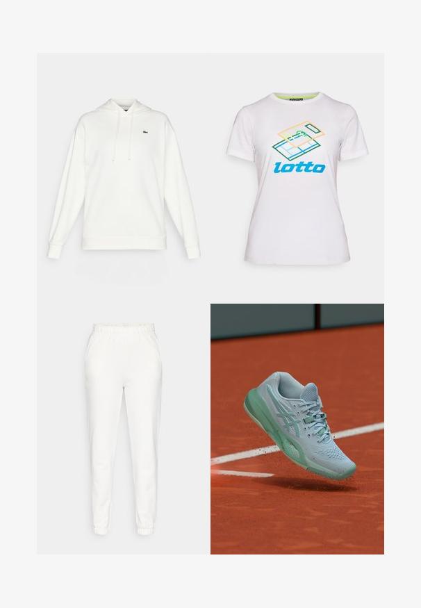 Sudadera blanca de material suave, con mangas largas, capucha ajustable y un pequeño logo verde en el pecho.; Camiseta blanca de algodón de manga corta, con un gráfico geométrico colorido y el logo "lotto" en azul en la parte frontal.; Pantalones de chándal blancos ajustados con cintura y puños elásticos, con bolsillos laterales, expuestos sobre un fondo liso.; Zapatilla de tenis azul clara levantando polvo de arcilla en una pista de tenis naranja cerca de una línea blanca de límite.