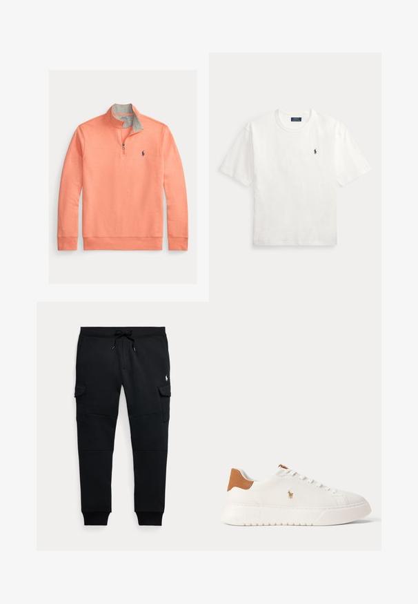 Heleoranž pullover-topp lukuga kraega, kontrastse halli sise-kraega ja väikese mereväe logo rinnal.; Valge lühikeste varrukatega ümmarguse kaelusega T-särk, millel on vasakul rinnal väike must Polo Ralph Laureni hobuse logo.; Mustad cargo-tüüpi jogger püksid, millel on nööriga talje, külgmised klapiga taskud, soonikuga varrukasääred ja väike valge polo mängija logo paremal reiel.; Valged madala säärega tossud, pruun kannaosa, valged paelad ja väike tikandiga polo mängija logo külje peal paksu taldmiku kohal.