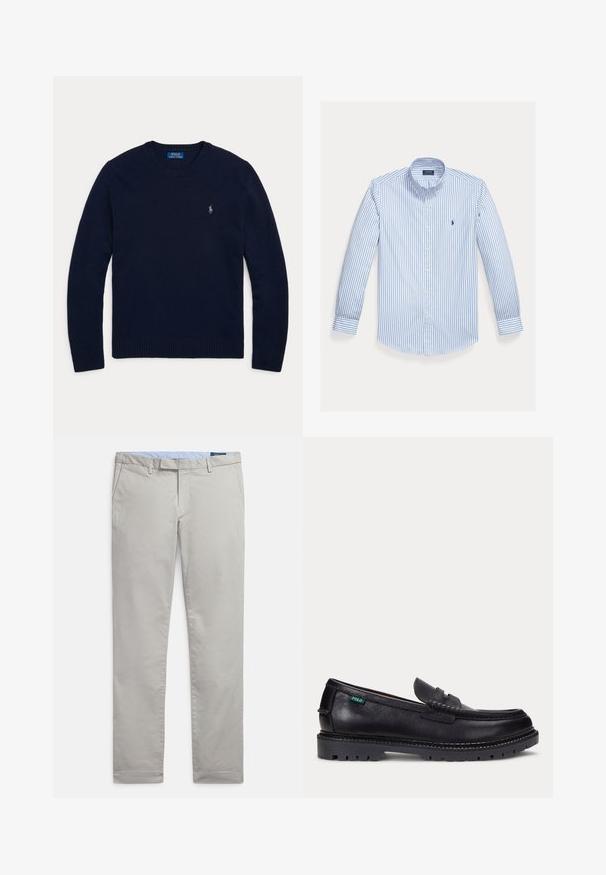 Jersey azul marino de manga larga y cuello redondo, con puños y dobladillo acanalados, con un pequeño logo bordado de Polo Ralph Lauren en el pecho.; Camisa de manga larga azul claro con rayas blancas verticales, cuello abotonado y un pequeño logo en el bolsillo izquierdo del pecho.; Pantalones chinos gris claro hechos de tejido de algodón suave, con un diseño clásico, piernas rectas, bolsillos laterales y un acabado limpio en los dobladillos.; Mocasín de cuero negro con suela gruesa estriada y pequeña etiqueta verde "Polo" en el lado exterior cerca del talón.
