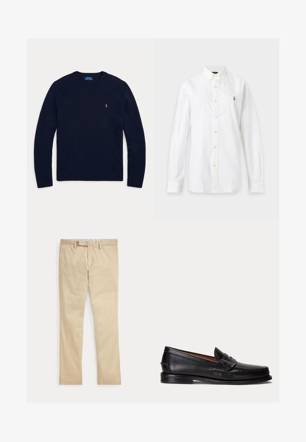 Marineblauwe trui met lange mouwen en een ronde hals, met geribde boorden en zoom, voorzien van een klein geborduurd Polo Ralph Lauren-logo op de borst.; Witte blouse met lange mouwen, knoopsluiting, kraag en klein geborduurd logo op de linkerborst tegen een effen achtergrond.; Beige broek met rechte pijpen, ceintuurlussen en een voorrits, plat gelegd tegen een witte achtergrond.; Zwarte leren loafer met lage hak en penny-strap detail, van opzij getoond op een lichtgrijze achtergrond.
