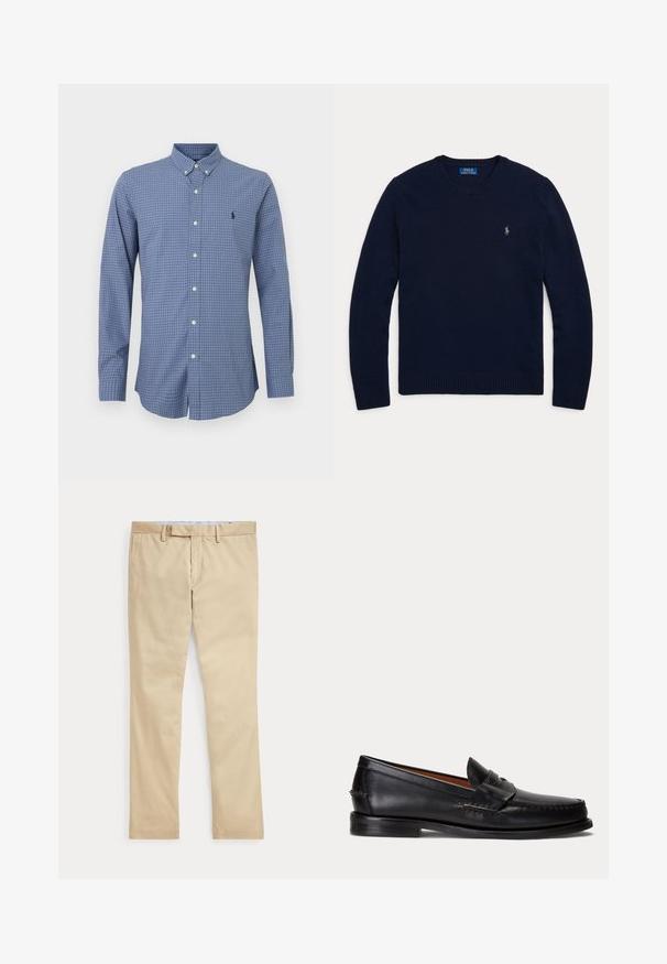 Jersey azul marino de manga larga y cuello redondo, con puños y dobladillo acanalados, con un pequeño logo bordado de Polo Ralph Lauren en el pecho.; Camisa de botón de manga larga con un patrón de cuadros en azul. Hecha de algodón, con un cuello botón y un pequeño logo en el pecho.; Pantalones beige de corte recto con trabillas para cinturón y cremallera frontal, colocados planos sobre un fondo blanco.; Mocasín negro de cuero con tacón bajo y detalle de correa para moneda, mostrado de lado sobre un fondo gris claro.