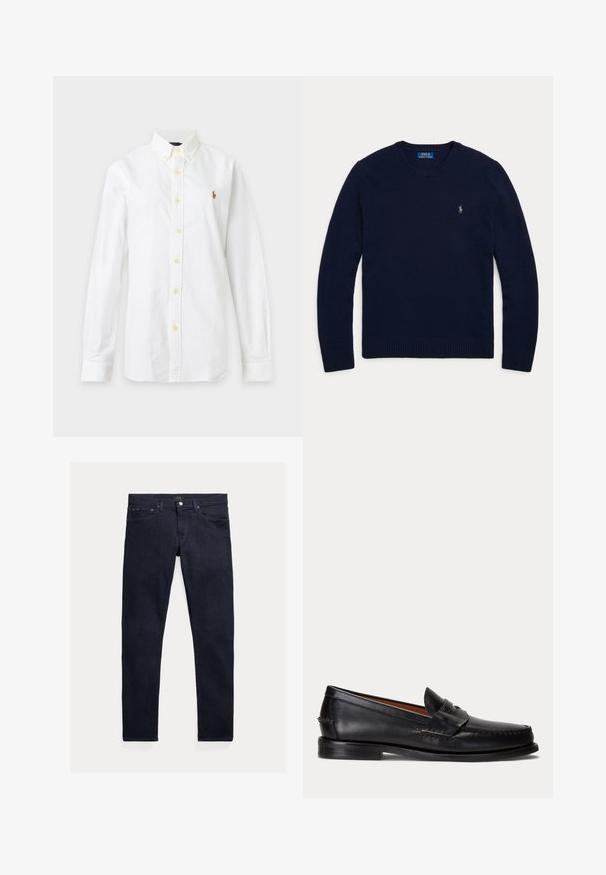 Marineblauer Pullover mit Rundhalsausschnitt und langen Ärmeln, mit gerippten Bündchen und Saum, mit einem kleinen bestickten Polo Ralph Lauren Logo auf der Brust.; Weißes Hemd mit langen Ärmeln, Knopfleiste, Kragen und kleinem gesticktem Logo auf der linken Brust vor schlichtem Hintergrund.; Dunkelblaue Denim-Jeans mit schmaler Passform. Mit fünf Taschen, einem Reißverschluss und einem metallischen Knopfverschluss. Glatte Oberfläche mit minimalem Ausbleichen.; Schwarzer Lederloafer mit niedrigem Absatz und Pennyriemendetail, von der Seite auf hellgrauem Hintergrund gezeigt.