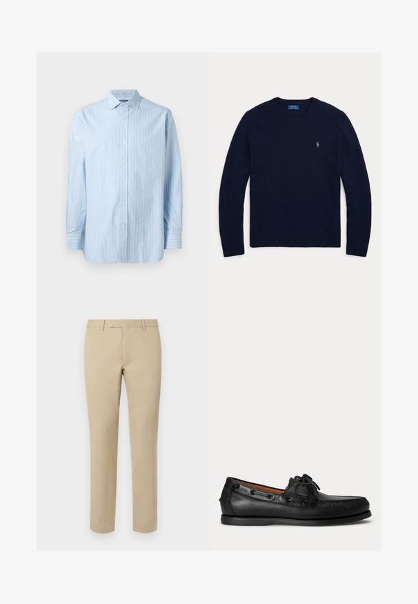 Jersey azul marino de manga larga y cuello redondo, con puños y dobladillo acanalados, con un pequeño logo bordado de Polo Ralph Lauren en el pecho.; Camisa de manga larga azul claro con rayas verticales blancas, cuello con botones y cierres de botón en el frente. Tejido de algodón texturizado.; Pantalones de algodón beige con corte recto, que cuentan con presillas para cinturón, frente plano y dobladillos ajustados. Textura suave y detalles mínimos.; Mocasín negro de cuero con detalle de cordones y suela baja de goma, visto de lado sobre un fondo claro y liso.