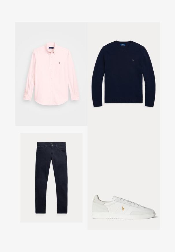 Marineblauwe trui met lange mouwen en een ronde hals, met geribde boorden en zoom, voorzien van een klein geborduurd Polo Ralph Lauren-logo op de borst.; Lichtroze overhemd met lange mouwen en een button-down kraag, voorzien van een klein geborduurd logo op de linkerborst, gemaakt van een soepele katoenstof.; Donkerblauwe spijkerbroek met een slanke pasvorm. Voorzien van vijf zakken, een ritssluiting en een metalen knoopsluiting. Soepele textuur met minimale vervaging.; Witte lage sneaker met vetersluiting, gouden Polo Ralph Lauren-logo aan de zijkant en een gestructureerde zool op een effen achtergrond.