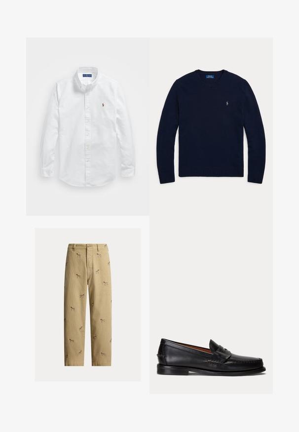 Tmavomodrý pulóver s dlhým rukávom a okrúhlym výstrihom, s rebrovanými manžetami a spodným lemom, s malým vyšívaným logom Polo Ralph Lauren na hrudi.; Biela bavlnená košeľa na gombíky s klasickým golierom, dlhými rukávmi a malým vyšitým logom na ľavej hrudi.; Béžové kordurové nohavice s vyšívanými motívmi psov, rovný strih nohavíc, päťvreckový štýl s predným zapínaním na gombík.; Čierny kožený mokasín s nízkym podpätkom a detailom s penny remienkom, zobrazený z boku na svetlosivom pozadí.