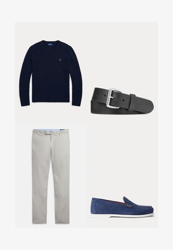 Tumesinine pikaveeline pullover ümmarguse kaelusega, soonikkoes varrukaotste ja ääristusega, väikese Polo Ralph Laureni tikitud logoga rinnal.; Heledat hallid chinosid, mis on valmistatud siledast puuvillakangast, omades klassikalist disaini, sirgeid sääriseid, küljetaskuid ja puhaste servadega viimistlust.; Sinine seemisnahast loafers valge tallaga ja beežika õmblusega ülaääres, esitletud tavalise valge tausta ees.; Mustast tekstuuriga nahkvöö hõbedase metallpandlaga, asetatud heledale taustale.