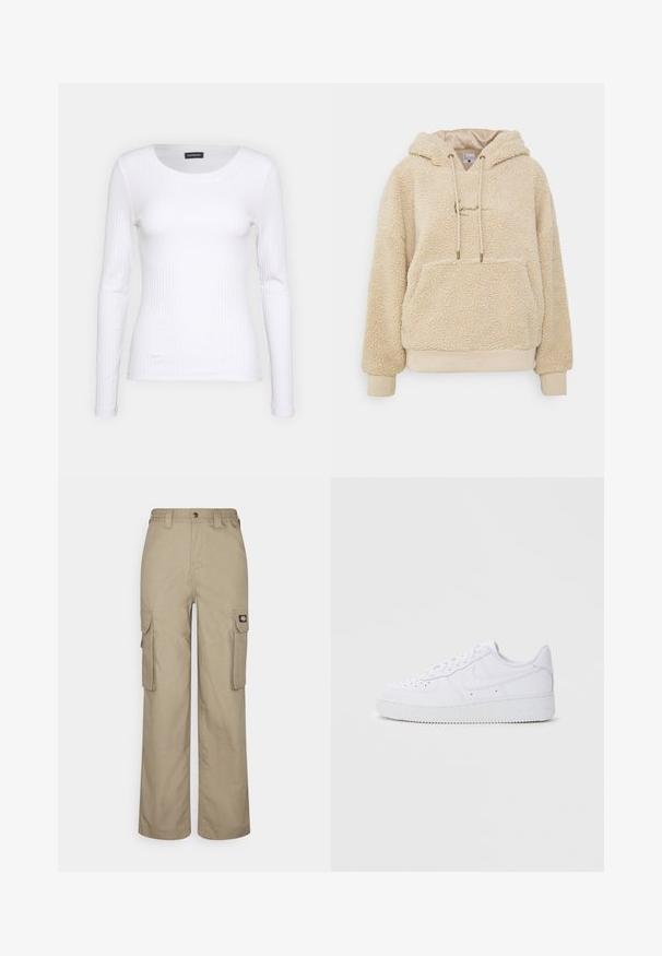 Sudadera con capucha de felpa beige, con un exterior texturizado, bolsillo frontal tipo canguro y cordones. Tejido suave con puños y dobladillo acanalados.; Top de manga larga blanco con cuello redondo. Fabricado en una tela elástica que se ajusta al cuerpo. Presenta sutiles líneas horizontales.; Pantalones cargo beige hechos de un tejido duradero, con un corte relajado, múltiples bolsillos laterales y una cintura elástica con cierre de botón.; Zapatillas Nike Air Force 1 blancas con parte superior de cuero, puntera redonda, cierre de cordones, cuello acolchado y suela de goma texturizada.