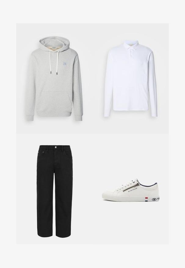 Lys grå hoodie lavet af blødt stof, med en forlommer, snore og et lille emblem på brystet.; Langærmet hvid polo-shirt lavet af blødt stof, med en klassisk krave, tre knaplukninger og et diskret logo på brystet.; Sorte bukser med lige ben, forrest med knap- og lynlåslukning, bæltestropper og tre forlommer på en ensfarvet lys baggrund.; Hvid sneaker med overdel i læder, rund tå og kontrasterende marineblå detaljer ved kraven. Har en lynlåslukning og logoakcenter på siderne.