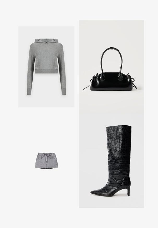 Hoodie gris en maille courte avec manches longues et poignets et ourlet côtelés, présenté sur un fond clair uni.; Jupe mini en denim de couleur gris délavé. Comprend une fermeture à boutons, des passants pour ceinture et deux poches avant. Texture lisse avec un effet de lavage subtil.; Bottes noires montantes, avec une texture brillante à motif crocodile, bout pointu et talon effilé. Matériau synthétique lisse.; Petit sac à main noir brillant avec deux longues anses et des détails à cordon sur les côtés sur un fond clair uni.