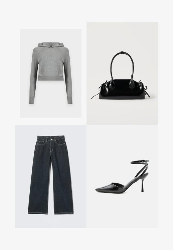Grå cropped strikket hættetrøje med lange ærmer og ribkant ved manchetter og kant, vist på en ensfarvet lys baggrund.; Mørkeblå jeans med vide ben, foran med knapper, lynlås, bæltestropper og fem-lomme detalje på en ensfarvet lys baggrund.; Sort spids højhælet sko med tynde ankelremme og sølvspænde på en ensfarvet lys baggrund.; Lille sort blank håndtaske med to lange håndtag og snøre-detaljer i siden på en ensfarvet lys baggrund.