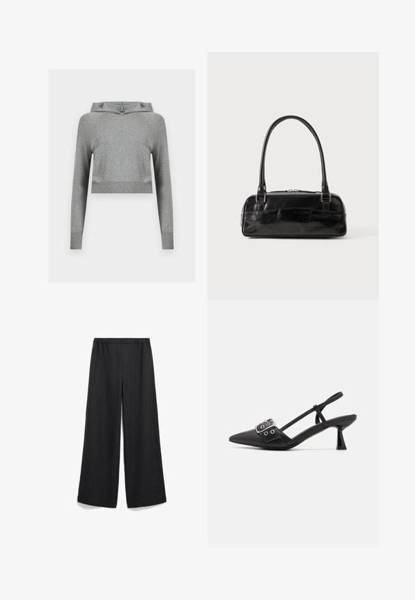 Hoodie gris en maille courte avec manches longues et poignets et ourlet côtelés, présenté sur un fond clair uni.; Pantalon noir à jambes larges avec une taille élastique. Fabriqué en tissu léger, présentant une texture lisse sans motifs ni accents visibles.; Simmi London DALA - Escarpins - black; Sac à main en cuir noir de forme rectangulaire, doté d'une seule ansse structurée, de quincaillerie argentée et d'une fermeture éclair. Texture lisse.