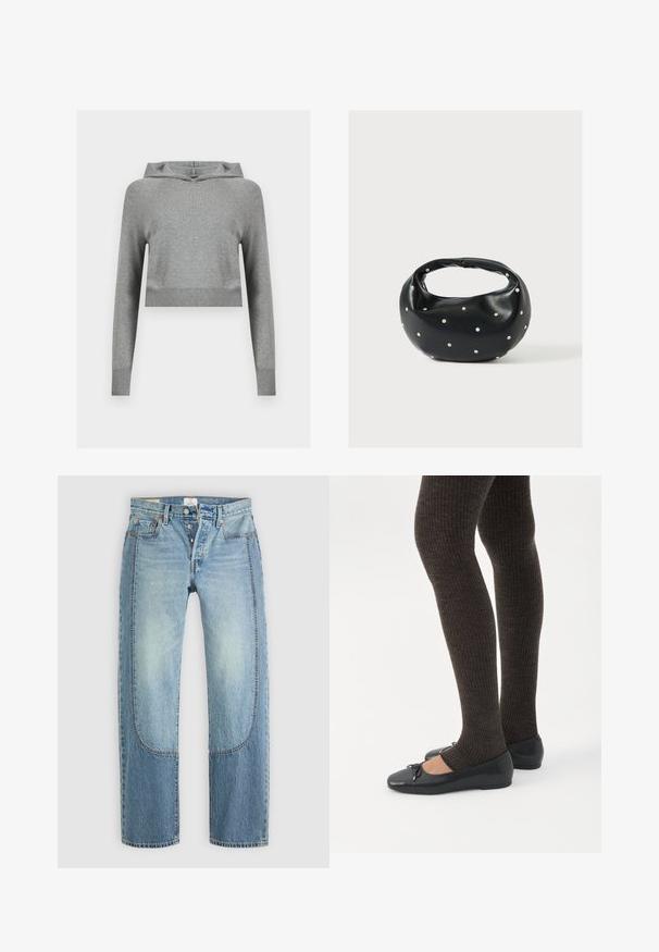 Grå cropped strikket hættetrøje med lange ærmer og ribkant ved manchetter og kant, vist på en ensfarvet lys baggrund.; Lyseblå denimjeans med en lige, løs pasform, der har kontrasterende paneldetaljer og en fem-lommer design. Knap-lukning.; Ben iført mørke ribbede leggings kombineret med sorte balletsko med små sløjfedetaljer på hvid baggrund.; Sort læderhåndtaske med en rundet form, dekoreret med sølvnitter, og et kort håndtag. Glat tekstur og lynlåslukning.