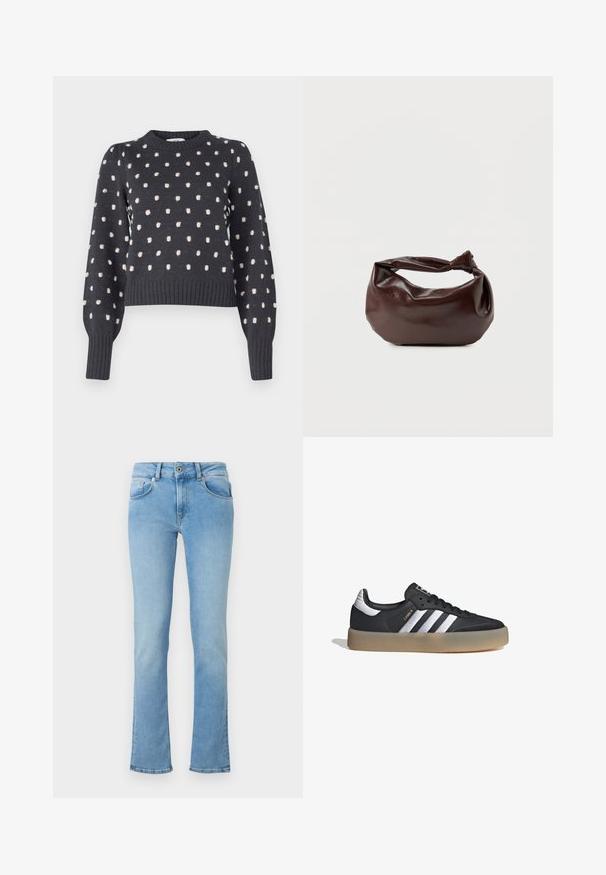 Suéter gris oscuro con escote redondo, que presenta un patrón texturizado de puntos rosa claro y puños y dobladillo de canalé.; Jeans de denim azul claro con una cintura ajustada, piernas acampanadas, diseño de cinco bolsillos y cierre de botón. La tela tiene una textura suave.; Zapatilla deportiva de cuero negro con tres rayas plateadas, punta texturizada y suela de goma. Cuenta con un collar acolchado y un diseño con cordones.; Bolso de hombro de cuero marrón oscuro con una forma suave y caída, y un asa con nudo torcido sobre un fondo blanco liso.