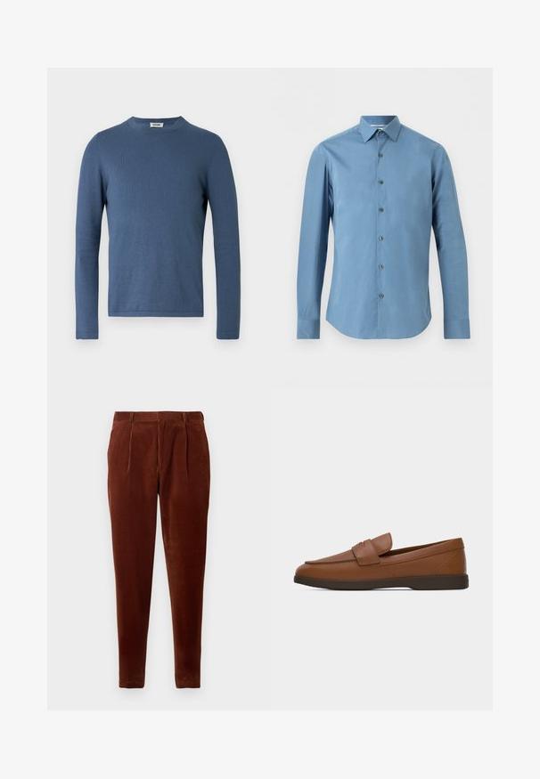Blå langærmet sweater lavet af blødt, tekstureret stof. Har rund halsudskæring og en tætsiddende pasform med minimale syningsdetaljer.; Langærmet herreskjorte i ensfarvet lyseblå med knapper foran og spids krave, vist på en ensfarvet baggrund.; Brune corduroy bukser med lige pasform, featuring frontfolder, to sidelommer og en glat tekstur. Velegnet til afslappet brug.; Brun læder slip-on loafer med en lav mørk sål og et spænde over toppen, vist fra siden på en lysegrå baggrund.