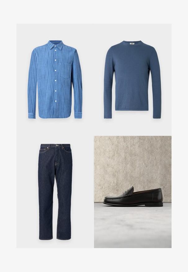 Blå langærmet sweater lavet af blødt, tekstureret stof. Har rund halsudskæring og en tætsiddende pasform med minimale syningsdetaljer.; Blå langærmet skjorte med knapper og lodrette sorte striber samt en brystlomme foran, vist på en hvid baggrund.; Mørkeblå denim jeans med lige ben-design. Har knappelukning og lynlås, fem lommer og kontraststikningsdetaljer.; Sort læder penny loafer med lav hæl, rundet tå og syningsdetaljer langs fronten og siderne, vist på neutral baggrund.