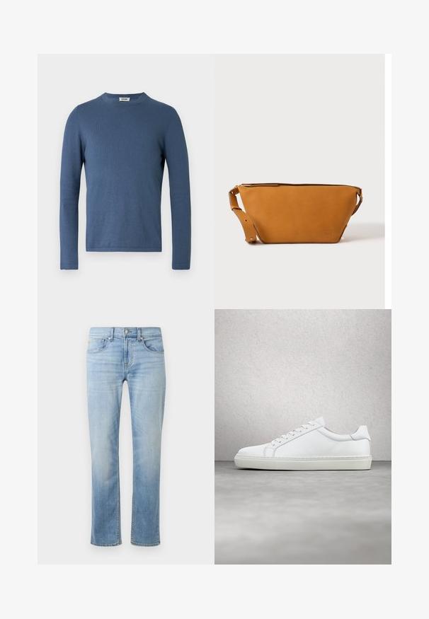 Blauwe trui met lange mouwen, gemaakt van zachte, gestructureerde stof. Voorzien van een ronde hals en een aansluitend ontwerp met minimale stikdetails.; Lichtblauwe denim jeans met een rechte pasvorm, vijf zakken, zichtbare stiksels en een vervaagde afwerking nabij de dijen en knieën.; Witte sneaker met een gladlederen bovenwerk en een laag profiel. Voorzien van een ronde neus, zes vetergaatjes en een gestructureerde rubberen zool.; Lichtbruine leren crossbodytas met verstelbare band en ritssluiting, getoond tegen een effen lichte achtergrond.