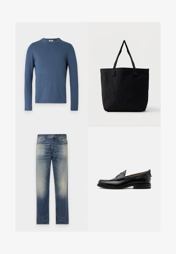 Pull bleu à manches longues en tissu doux et texturé. Il présente un col rond et une coupe ajustée avec des détails de couture minimalistes.; Jean en denim bleu à coupe droite, présentant des décolorations et des détails de frottement subtils à l'avant, un design à cinq poches et des passants de ceinture.; Mocassin homme en cuir noir avec couture moc toe, bride penny, col texturé et petit talon empilé sur fond blanc.; Sac fourre-tout en toile noire avec deux bandoulières et un motif circulaire discret en relief sur le devant.