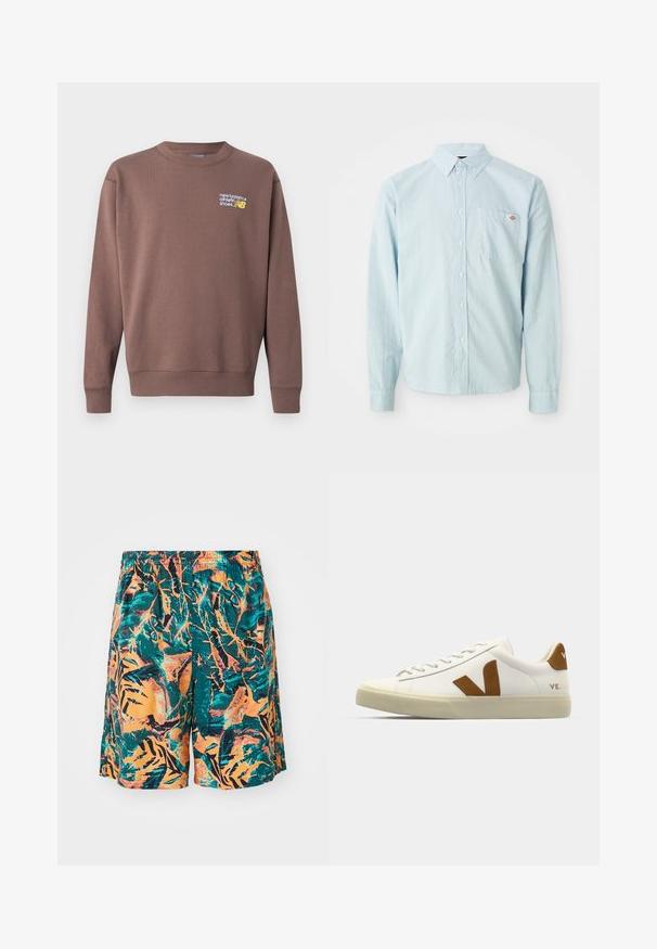 Ruskea fleece-huppari pyöreällä kaula-aukolla, resorilla hihansuissa ja helmassa. Edessä valko-keltainen "new balance athletic shoes" -logo rinnassa.; Vaaleansininen pitkähihoinen napinläpikangas, jossa on napitettava kaulus ja rintatasku, jossa on pieni punavalkoinen logo-ommel.; Uimashortsit, joissa on oranssi, teal ja musta viidakonlehtikuvio, valmistettu kevyestä kankaasta ja mukautuvan vyötärönauhan kanssa mukavuutta varten.; Valkoinen nahkainen tennari, jossa on ruskea nupukista valmistettu V-logo, pyöreä kärki, litteä nauhakiinnitys ja teksturoitu pohja pidon parantamiseksi.