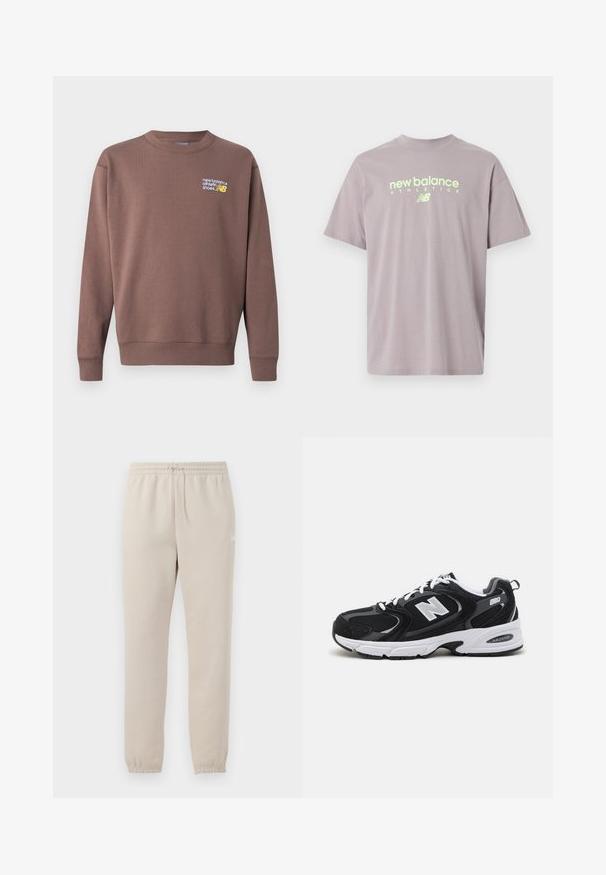 Sweatshirt en polaire marron avec col rond, poignets et taille côtelés. Présente le logo "new balance athletic shoes" en blanc et jaune sur la poitrine.; T-shirt d'athlétisme New Balance de couleur violet clair avec col rond et manches courtes, arborant un logo et un texte en jaune-vert centrés.; Pantalons de jogging beige clair fabriqués en tissu doux, avec une taille élastique, un cordon de serrage ajustable et des poignets fuselés au niveau des chevilles.; Baskets de sport noires et grises avec un tige en mesh et en suède, présentant une semelle intermédiaire blanche, des lacets et un logo "N" audacieux sur le côté.