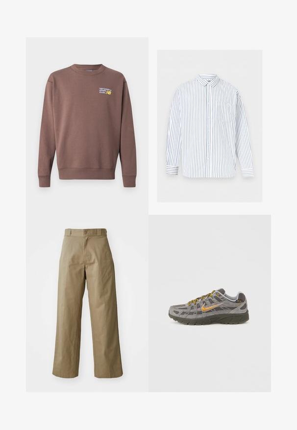 Brun fleece sweatshirt med rund hals, ribstrikkede ærmeafslutninger og linning. Har "new balance athletic shoes" logo i hvidt og gult på brystet.; Hvid skjorte med lange ærmer og blå lodrette striber samt en brystlomme, vist på en ensartet lys grå baggrund.; Khaki bredde ben bukser lavet af bomuldsblandingsstof, med en enkelt knaplukning og synlige sidelommer. Glat tekstur, plisseret detalje.; Grå ruskindssneaker med gyldne accenter, teksturerede paneler og matchende snørebånd. Har en polstret sål og logodetalje på siden.