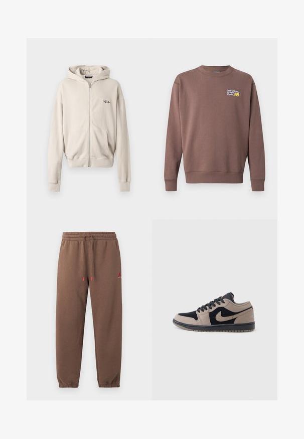 Brun fleece sweatshirt med rund hals, ribstrikkede ærmeafslutninger og linning. Har "new balance athletic shoes" logo i hvidt og gult på brystet.; Beige hættetrøje med lynlås i ribbet stof, med en frontlomme, blød tekstur og et lille sort logo på venstre bryst.; Brune joggingbukser med elastisk talje og manchetter, justerbar snor med røde ender og lille rødt logo på øverste venstre ben.; Lavhælet sneaker med beige og sorte læderpaneler, sorte snørebånd og en gummisål, vist i sideprofil på en hvid baggrund.