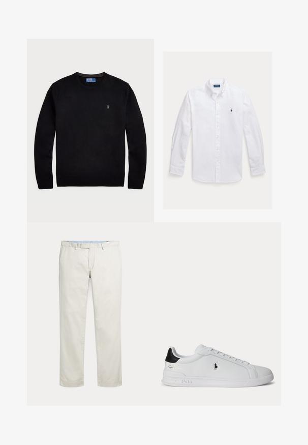 Polo Ralph Lauren LONG SLEEVE - Svetrík - black; Biela košeľa s dlhým rukávom a gombíkmi, so špicatým golierom, s malým námorníckym logom na ľavej strane hrude a žltými gombíkmi. Hladká textúra látky.; Krémové nohavice s rovnými nohavicami, s pútkami na opasok a skrytým predným zapínaním na jednoduchom pozadí.; Biela nízka teniska s čiernou pätovou pätkou, šnúrkami a logom Polo Ralph Lauren na boku, so zvýraznenými detailmi na podrážke.