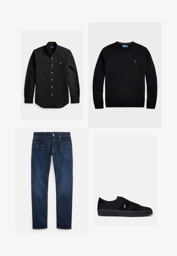 Polo Ralph Lauren LONG SLEEVE - Svetrík - black; Čierna košeľa s dlhým rukávom na gombíky, s gombíkovým golierom a malým žltým logom Polo Ralph Lauren na ľavej strane hrudníka.; Tmavomodré slim-fit rifle s jemným vyblednutím na stehnách, dizajn s piatimi vreckami a zapínaním na gombík v páse.; Čierne tenisky s textilným a semišovým zvrškom, okrúhlou špičkou, plochou gumovou podrážkou a vyšívaným logom na boku. Šnurovací dizajn so šiestimi očkami.