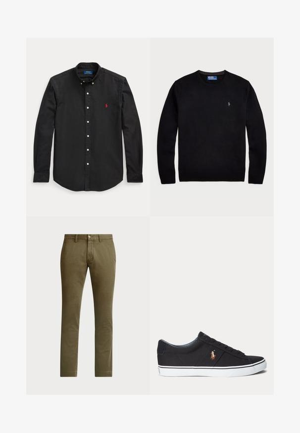 Polo Ralph Lauren LONG SLEEVE - Strickpullover - black; Schwarzes langärmliges Hemd mit Knöpfen, mit rotem, besticktem Logo auf der linken Brustseite und einem Button-Down-Kragen.; Polo Ralph Lauren BEDFORD STRETCH SLIM FIT CHINO PANT - Chino - canopy olive; Schwarzer Sneaker mit niedrigem Schaft, weißer Sohle und gesticktem Polospieler-Logo an der Seite, mit Schnürverschluss und strukturiertem Stoff-Obermaterial.