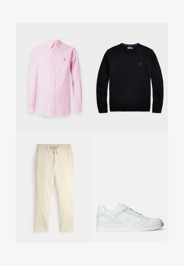Polo Ralph Lauren LONG SLEEVE - Striktrøje - black; Lyserød og hvid stribet langærmet skjorte med knappet ned krave, med et lille logo på venstre bryst. Fremstillet af letvægtsstof.; Off-white afslappede bukser med elastisk talje og snor, lige ben og sidelommer mod en ensfarvet baggrund.; Hvide lædersneakers med en glat tekstur, der har en perforeret tå, snørebåndslukning og broderet logo på siden. Hvid gummisål.