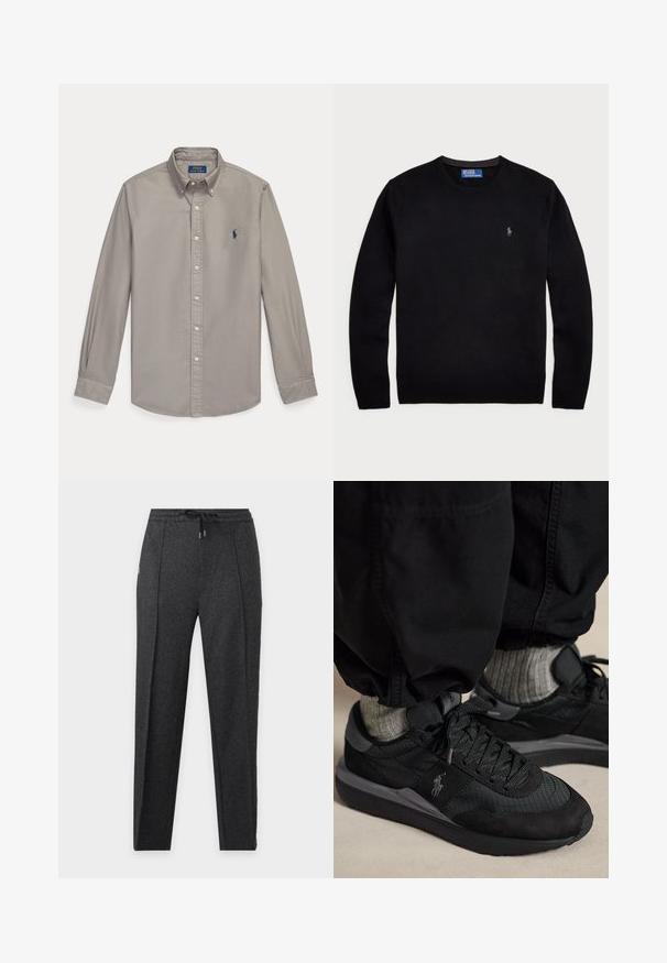 Polo Ralph Lauren LONG SLEEVE - Strickpullover - black; Hellgraues, langärmliges Hemd mit Knopfleiste, Kragen und blauem Polo Ralph Lauren Sticklogo auf der linken Brust.; Dunkelgraue, schmal zulaufende Strickhose mit elastischem Bund und schwarzem Kordelzug, vor einfachem hellem Hintergrund dargestellt.; Schwarze Sneakers mit Schnürsenkeln und grauem Logo, getragen mit grauen Socken und schwarzen Hosen auf einem beigen Boden.