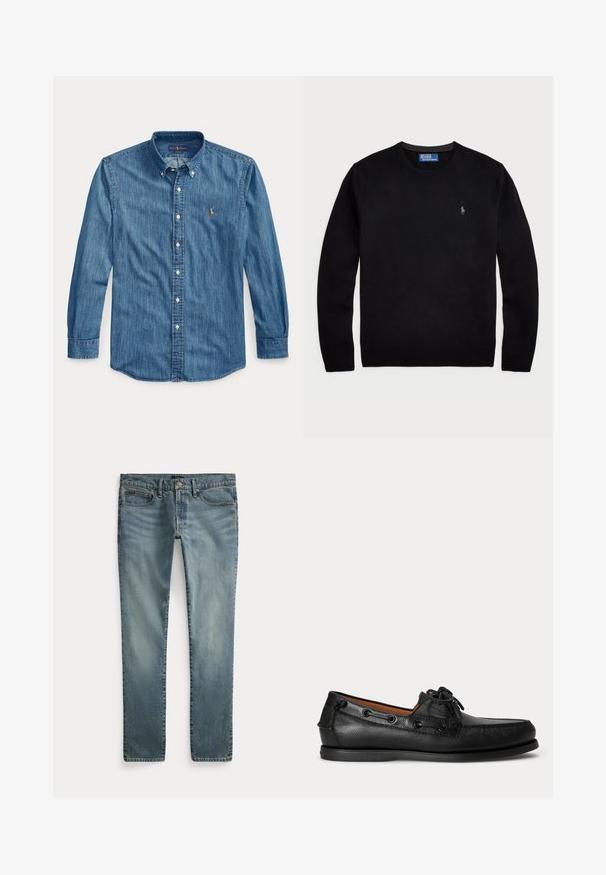Polo Ralph Lauren WOOL CREWNECK SWEATER - Džemper - black; Sinine teksast pikkade varrukatega nööbitav särk kraega ja väike tikitud logo vasakul rinnal nööpide kõrval.; Sirged säärtega sinised teksad, ees taskud, vööaasad ja nööpidega sulgemine.; Mustast nahast mokkassiin paeltega ja madala kummist tallaga, näht külje pealt heledal taustal.