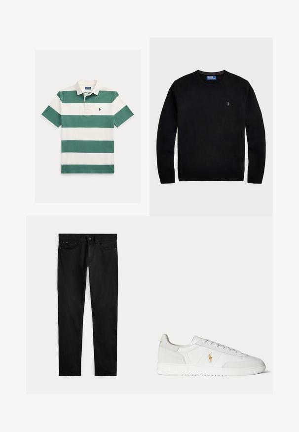 Polo Ralph Lauren WOOL CREWNECK SWEATER - Πουλόβερ - black; Πόλο με κοντό μανίκι, φαρδιές οριζόντιες πράσινες και λευκές ρίγες, λευκό γιακά και μικρό κεντημένο λογότυπο στο στήθος.; Μαύρα τζιν skinny με εμπρόσθιες και οπίσθιες τσέπες, θηλιές για ζώνη και κλείσιμο με κουμπί και φερμουάρ, απλωμένα επίπεδα σε λευκό φόντο.; Άσπρο χαμηλό sneaker με σχεδιασμό κορδονιών, χρυσό λογότυπο Polo Ralph Lauren στο πλάι και υφασμένο πέλμα σε μονόχρωμο φόντο.