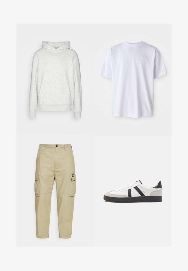 Sudadera ligera de color gris claro, hecha de una tela suave, que cuenta con un bolsillo frontal, capucha con cordones y puños acanalados. Ajuste holgado con un diseño relajado.; Camiseta blanca de algodón con cuello redondo y mangas cortas. Presenta un logo sutil bordado en un color a juego en el lado izquierdo del pecho.; Pantalones cargo beige hechos de una tela duradera, con dos bolsillos laterales, cierre de botón y piernas ajustadas con una textura suave.; Zapatilla blanca con acentos en negro y gris, que presenta una puntera texturizada en gris, suela de goma negra y cordones planos blancos. Diseño limpio, estilo minimalista.