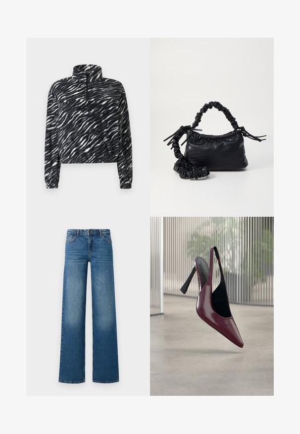 Sort og hvid fleece-trøje med en høj krave og en kvart lynlås, med bølgemønster og et afslappet, kort design.; Bredde ben blå jeans med en falmet vask, fem lommer og en knaplukning. Fremstillet af denim med en glat, robust tekstur.; Blank mørkerød slingback med høj hæl, spids tå og sort inderfor, svævende over en glat betongulv indendørs.; Sort kunstlæder håndtaske med krokodilteksur, indsnøret top og en sammenkrøben rem. Ser blød og kompakt ud i designet.