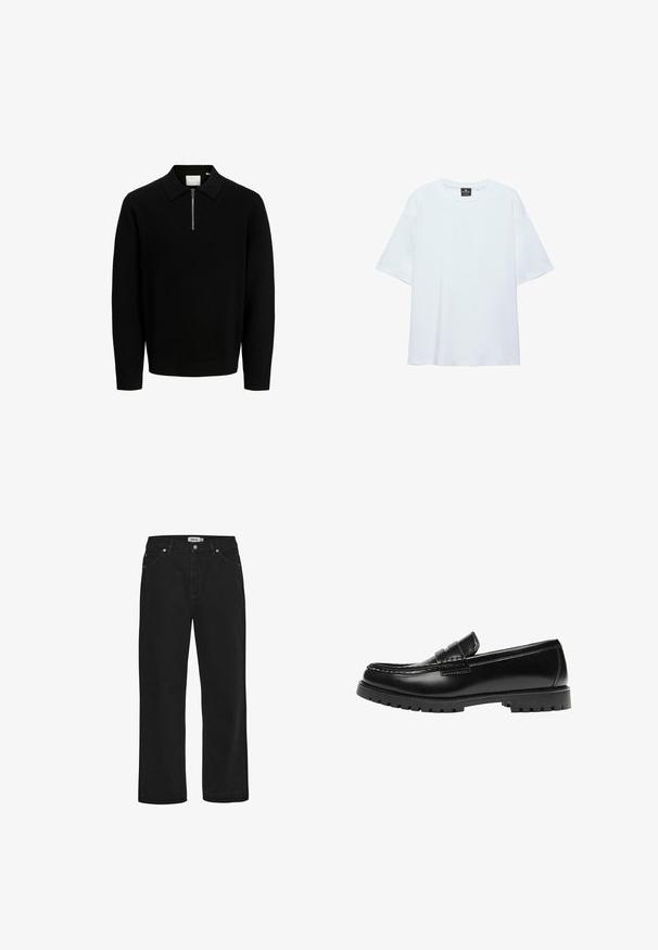 Zwarte lange mouwen trui met een polo kraag en een halve rits aan de voorkant.; Effen witte oversized T-shirt met korte mouwen, ronde halslijn en een zwart label aan de binnenkant van de kraag, op een witte achtergrond.; Zwarte denim jeans met een rechte pasvorm, vijf-pocket ontwerp, koperen hardware accenten en een stevige tailleband. Gladde textuur, onopgesmukt stijl.; Zwarte leren loafer met een dikke rubberen zool en klassieke penny-strap details, gezien vanaf de buitenkant.