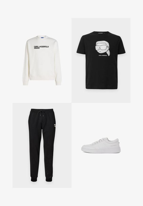 Weißer Sweatshirt aus Baumwollmischung, mit gerippten Bündchen und Saum, auf der Vorderseite mit dem schwarzen Druck "KARL LAGERFELD JEANS".; Schwarzes Baumwoll-T-Shirt mit einem weißen Grafikdesign eines stilisierten Charakters, der große Sonnenbrillen trägt, und dem Text "KARL LAGERFELD" unter dem Bild.; Schwarze Sweatpants mit elastischem Bund und verstellbarem Kordelzug. Mit gerippten Bündchen und einem kleinen Grafikdetail am Oberschenkel.; Weiße Leder-Sneaker mit klassischem Low-Top-Design, flacher Sohle und dezentem Markenlogo an der Ferse. Verfügt über fünf Metallösen für die Schnürsenkel.