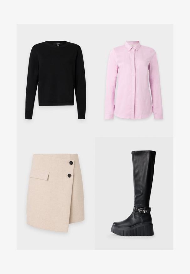 Sort sweater med rund hals, lange ærmer, ribstrikkede manchetter og kant, lavet af blødt stof med en glat tekstur, minimalistisk design.; Lyserød langærmet skjorte med knapper, klassisk krave, skjult stolpelukning og figursyet design på ensfarvet baggrund.; Beige indpakningsskørt i et tekstureret stof, med en sidelomme, to sorte knapper og en let buet kant.; Sorte knæhøje støvler lavet af glat læder, med en tyk platformsål, en chunky hæl og en justerbar bælteaccent nær anklen.