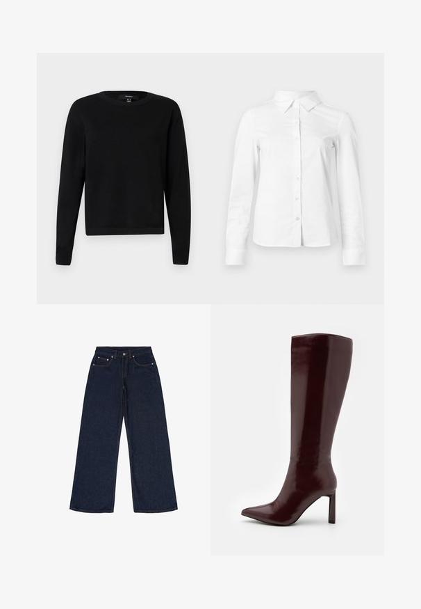 Musta neulepaita, pyöreä kaula-aukko, pitkät hihat, resorit hihansuissa ja helmassa, pehmeästä kankaasta, sileä pinta, minimalistikäs design.; Valkoinen pitkähihainen napillinen paita, jossa on terävä kaulus, suora helma ja istuva siluetti, esitetty yksinkertaisella vaalealla taustalla.; Tummansiniset leveät farkut, jotka on valmistettu denimistä. Ominaisuuksia ovat viisi taskua, vyölenkit ja kontrastivärinen oranssi ommel. Ei kuvioita tai koristeita.; Even&Odd Saappaat - dark red