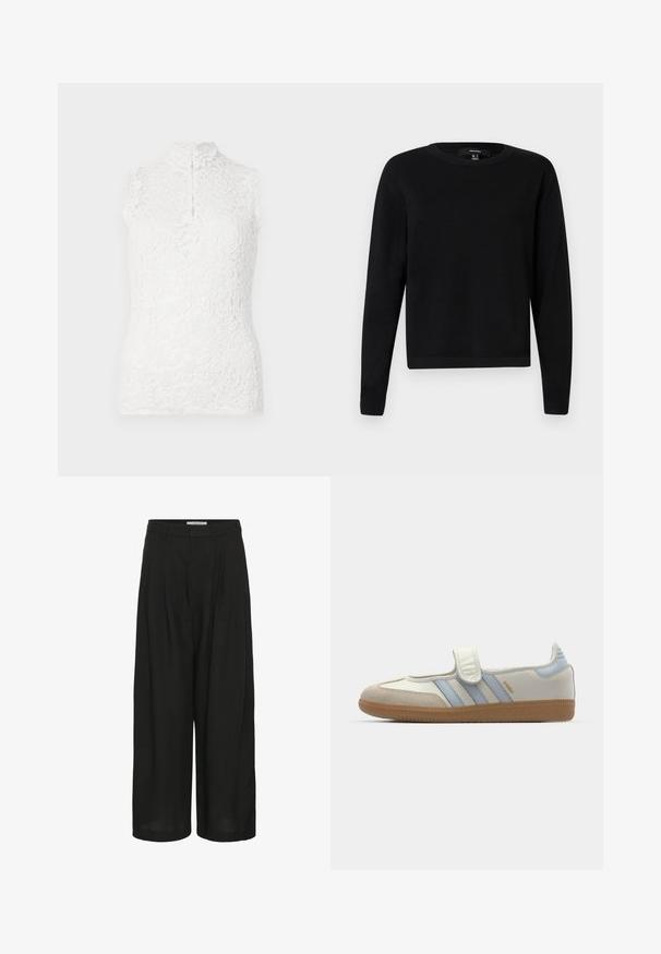 Zwarte trui, ronde hals, lange mouwen, geribbelde manchetten en zoom, gemaakt van zachte stof met een gladde textuur, minimalistisch ontwerp.; Mouwloze witte kanten top met hoge kraag, bloemenpatroon en knoopsluiting aan de voorkant tegen een effen achtergrond.; Zwarte broek met wijde pijpen, voorplooien, tailleband met ceintuurlussen en zijknopdetail bij de taille.; adidas Originals SAMBA JANE BALLERINA - Ballerina's met enkelbandjes - cloud white/halo blue