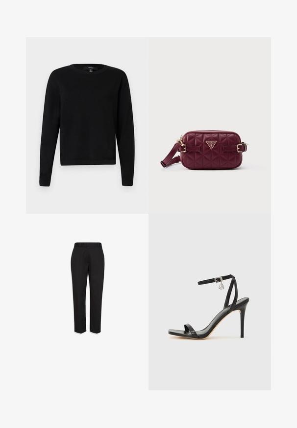 Sort sweater med rund hals, lange ærmer, ribstrikkede manchetter og kant, lavet af blødt stof med en glat tekstur, minimalistisk design.; Sorte skræddersyede bukser med bæltestropper, lige ben og pressede folder, vist mod en hvid baggrund.; Sort hæl-sandal med smal ankrem, firkantet tå-boks, glat lædermateriale og metalspænde som pynt.; Bourgognequiltet håndtaske i kunstlæder med guldfarvet hardware, der har en trekantet logo og en aftagelig skulderrem.