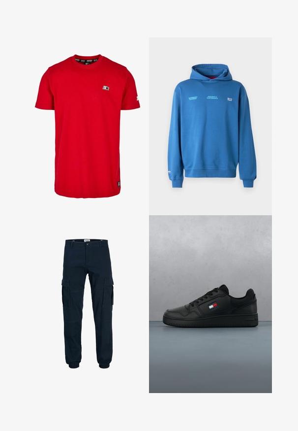 Sudadera azul con capucha con texto blanco "Diseñada para la velocidad", "Precisión y rendimiento" y "En la pista" en el pecho, y un pequeño logo en la manga.; Camisa de algodón roja con cuello redondo, mangas cortas y un pequeño logo negro en el lado izquierdo del pecho y en la manga. Tejido de color sólido y suave.; Pantalones cargo de color azul marino con múltiples bolsillos laterales, puños elásticos y tela resistente. Cierre frontal con botones y presillas para cinturón incluidas.; Zapatilla de cuero negro con puntera perforada y acentos texturizados. Presenta un pequeño logo en rojo, blanco y azul en el costado.