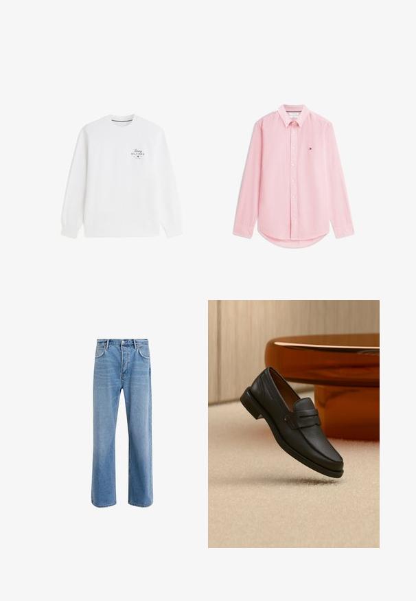 Hvid langærmet crewneck-sweatshirt med lille Tommy Hilfiger-logo og tekst på venstre brystområde.; Langærmet lyserød og hvid ternet skjorte med krave og lille logo på venstre bryst.; Lyseblå denim jeans med lige ben-design, fem lommer, knaplukning, minimal falming og kontraststingdetaljer.; Sort læder herreloafer med bånd tværs over toppen, vist på beige tæppe nær et brunt moderne rundt bord.