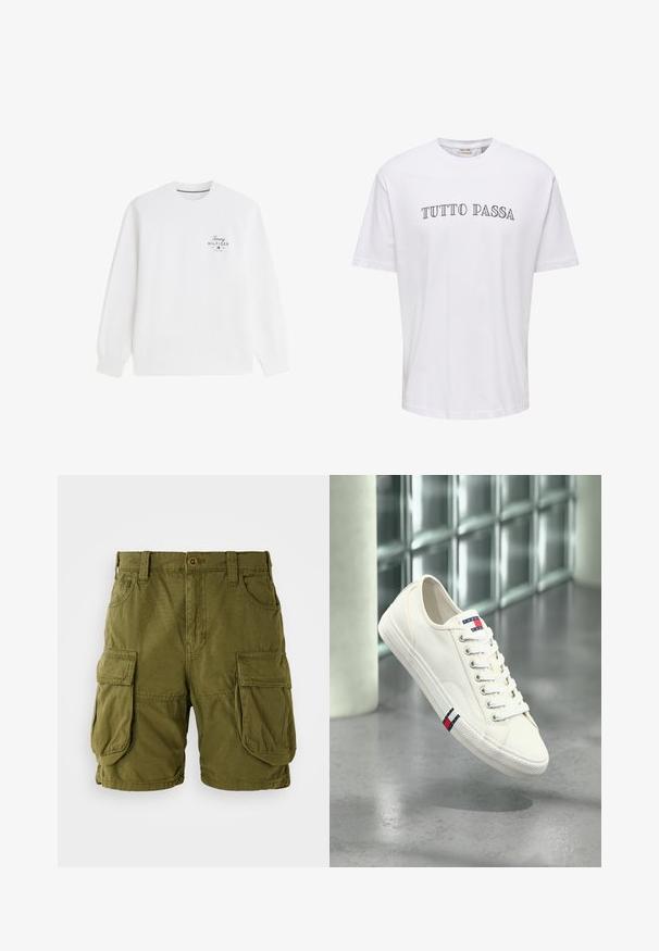 Sudadera blanca de manga larga con cuello redondo, con pequeño logo y texto de Tommy Hilfiger en el lado izquierdo del pecho.; Camiseta blanca de manga corta con cuello redondo y texto negro "TUTTO PASSA" impreso en el pecho.; Pantalones cortos cargo color verde oliva, confeccionados en una mezcla de algodón. Cuentan con dos grandes bolsillos laterales y un cierre de botón con trabillas para cinturón. Textura suave.; Zapatilla blanca de lona de corte bajo con cordones y el logo de Tommy Hilfiger en rojo, blanco y azul en la lengüeta y el lateral, flotando sobre un suelo gris.
