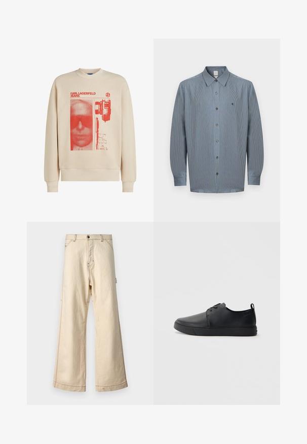 Beige sweatshirt met een rode bedrukte afbeelding van een gezicht met zonnebril, een pen en handgeschreven tekst. Geribde zoom en manchetten.; Herenoverhemd met lange mouwen in blauw met een subtiel ruitpatroon en een klein geborduurd "ck"-logo op de borst.; Beige wijde broek van katoen met een rits- en knoopsluiting, voorzien van contrasterende stiksels en zijzakken.; Zwarte leren sneaker met een gladde afwerking, ronde neus, tonale stiknaden, vetersluiting aan de voorkant en een vlakke rubberen zool. Lussje aan de hak.