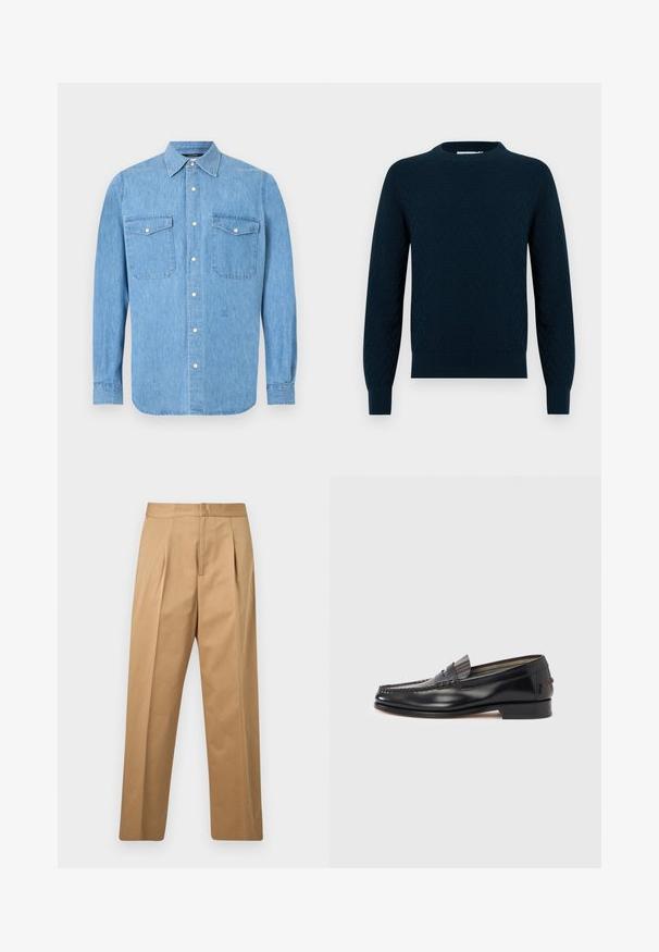Pull tricoté en bleu marine foncé, avec un motif texturé. Col rond, manches longues, et finitions côtelées aux poignets et à l'ourlet. Matière douce avec un aspect douillet.; Chemise en denim bleu clair à manches longues avec fermeture boutonnée sur le devant et deux poches poitrine à rabat avec boutons-pression sur fond blanc.; Pantalon beige à jambes droites avec plis à l'avant, ceinture, et fermeture avant dissimulée, présenté sur un fond gris clair uni.; Mocassins en cuir noir avec un design de style mocassin, présentant une bande décorative et un détail de couture sur le dessus. Talon bloc bas.