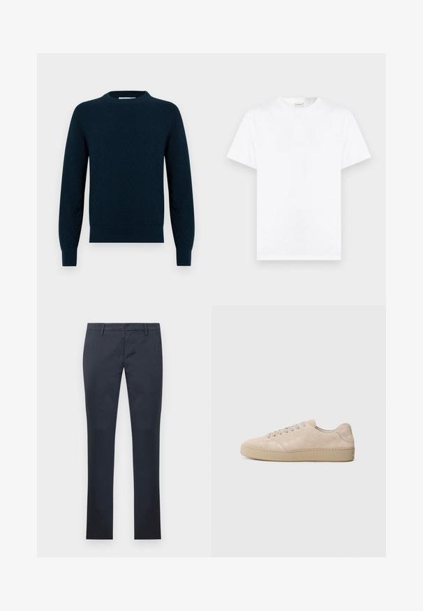 Pull tricoté en bleu marine foncé, avec un motif texturé. Col rond, manches longues, et finitions côtelées aux poignets et à l'ourlet. Matière douce avec un aspect douillet.; T-shirt blanc uni à manches courtes et col rond, présenté sur un fond gris neutre.; Pantalon slim bleu marine avec poches avant, passants pour ceinture et fermeture éclair devant, posé à plat sur un fond blanc.; Baskets en daim beige avec un bout rond, des lacets plats et une semelle en caoutchouc texturé. Design minimaliste avec des bords lisses et des coutures discrètes.