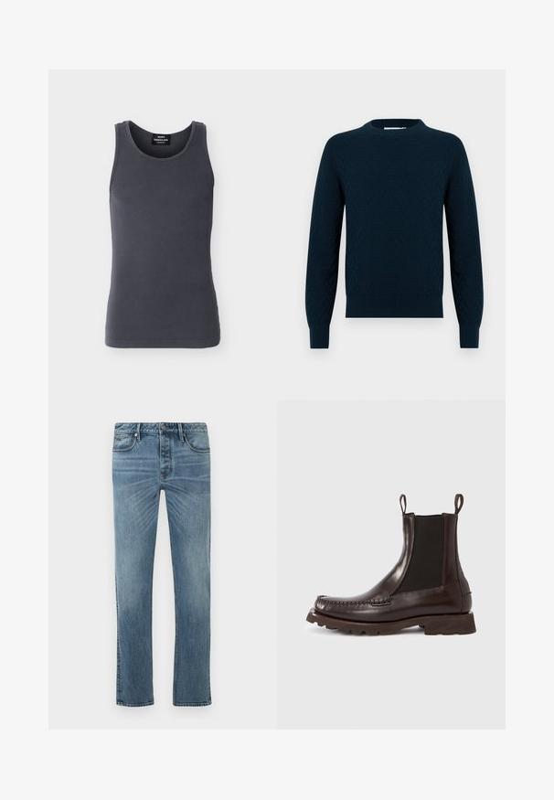 Pull tricoté en bleu marine foncé, avec un motif texturé. Col rond, manches longues, et finitions côtelées aux poignets et à l'ourlet. Matière douce avec un aspect douillet.; Débardeur gris foncé côtelé sans manches avec un col rond, étiqueté Mads Nørgaard Copenhagen, présenté sur un fond blanc.; Jean en denim bleu avec une coupe droite, doté d'un design classique à cinq poches, de coutures visibles et d'une finition délavée.; Bottes Chelsea en cuir marron avec panneaux latéraux élastiques, semelle en caoutchouc et détails cousus le long de l'avant-pied. Dotées d'anneaux de traction pour un enfilage facile.