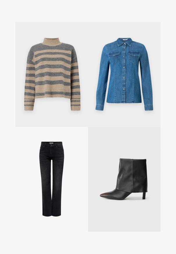 Striktrøje med striber i grå og beige farver, høj hals, brede manchetærmer og en afslappet pasform med et cropped design.; Denimskjorte i en mellemblå farve, med knaplukning foran, to brystlommer og krave. Glat tekstur med dekorative syninger.; ONLY Straight fit ONLBLUSH Mid waist - Jeans Straight Leg - washed black; Sort ankelstøvle lavet af glat læder med spids tå og tilspidset hæl. Overdelen har et let rynket design.