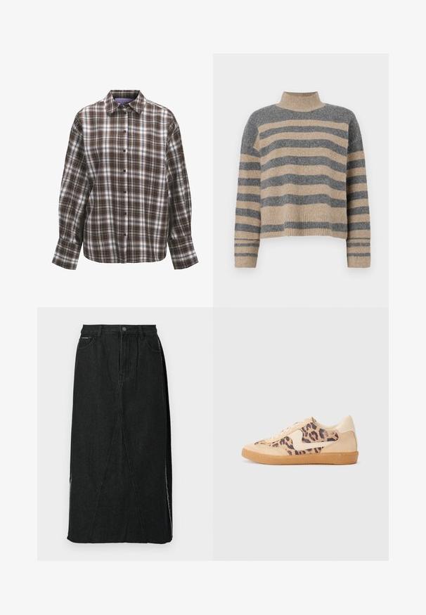Striktrøje med striber i grå og beige farver, høj hals, brede manchetærmer og en afslappet pasform med et cropped design.; Langærmet skjorte med knapper, brun, sort og hvid ternet mønster og klassisk krave på hvid baggrund.; Sort denimnederdel med høj talje, lige snit og unikke skrå sømme. Har sideslids og knaplukning i taljen.; Leopardprint sneakers med beige ruskindsoverdel, tan gummisål og hvide detaljer. Rund pegefinger og snørebåndsdesign med en tekstureret finish.